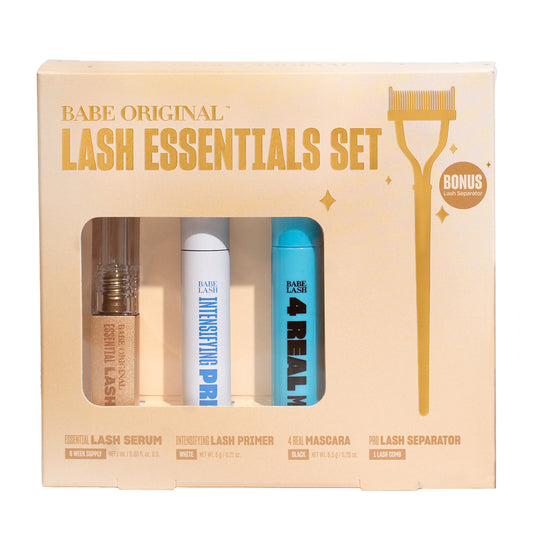 Babe Original Lash Essentials Set packaging with three products and a comb on a beige background.