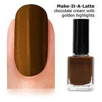 Barielle chocolate brown nail polish with painted nail and white background.
