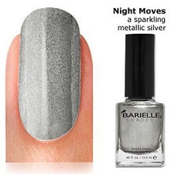 A close-up of a fingernail painted with Barielle Nail Polish in the color Night Moves, which is a metallic silver, showing both the nail and the accompanying nail polish bottle.