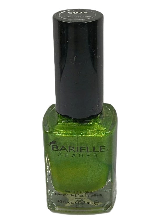 Bottle of Barielle nail polish in a yellow-toned green color with green and golden shimmer, labeled 'Polished Princess 5078'.
