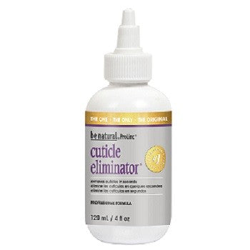 A bottle of Be Natural Cuticle Eliminator with a dropper, labeled as the 'Original' and 'Best' in cuticle care, indicating it is a professional formula.
