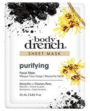 Packaging for Body Drench Charcoal Purifying Facial Sheet Mask with floral and charcoal illustrations, and text detailing the product's use and ingredients.