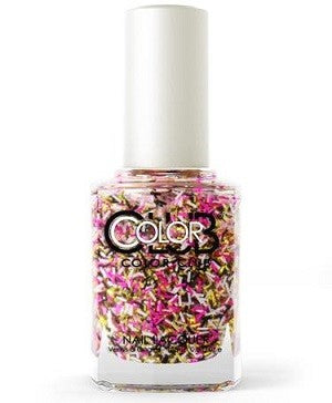 Color Club Nail polish bottle with bright pink, black, gold and white bar glitter in a clear base.