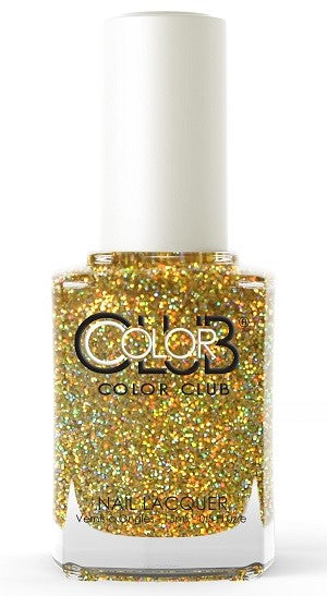 A bottle of Color Club nail polish in a semi-sheer soft gold shade with holographic micro-glitter.