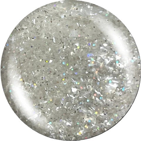 Round glittery substance with multicolored specks on a white background