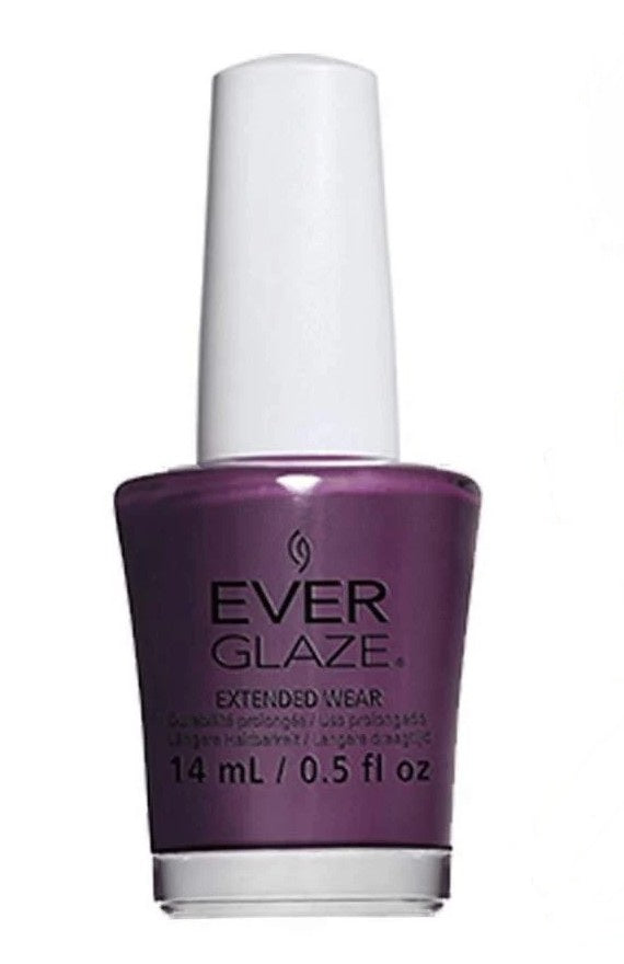 A bottle of Ever Glaze nail polish in a deep purple shade, featuring a white cap and black text on the bottle, set against a plain white background.