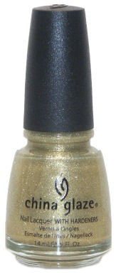 China Glaze gold glitter nail polish bottle with black cap.