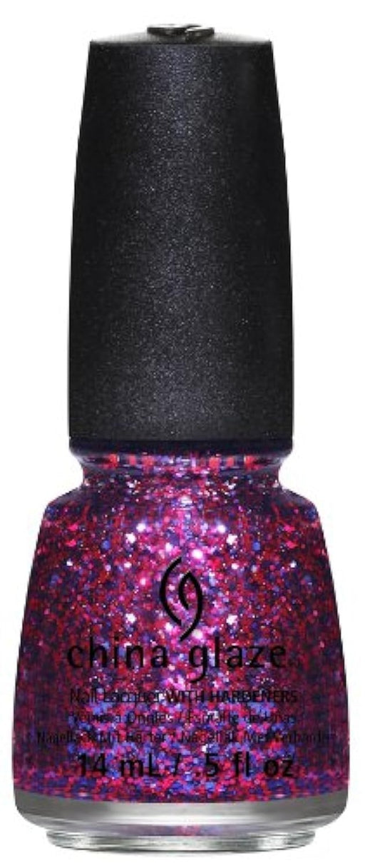 China Glaze nail polish bottle with glittery purple polish and black cap.