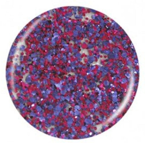 Round glitter nail polish swatch with a multicolored speckled pattern on a white background