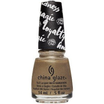 A bottle of China Glaze Nail Polish in a metallic gold shimmer color with a black cap and the brand's logo.