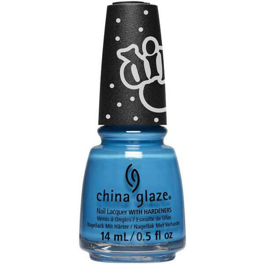A bottle of China Glaze nail lacquer in a bright medium blue shade, featuring a black cap with white polka dots and a stylized white logo.