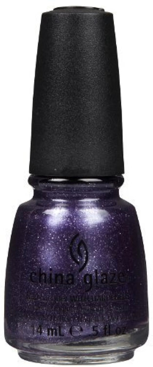A bottle of China Glaze nail polish in a deep, sparkly purple shade with fine glitter, featuring a black cap and clear glass bottle.