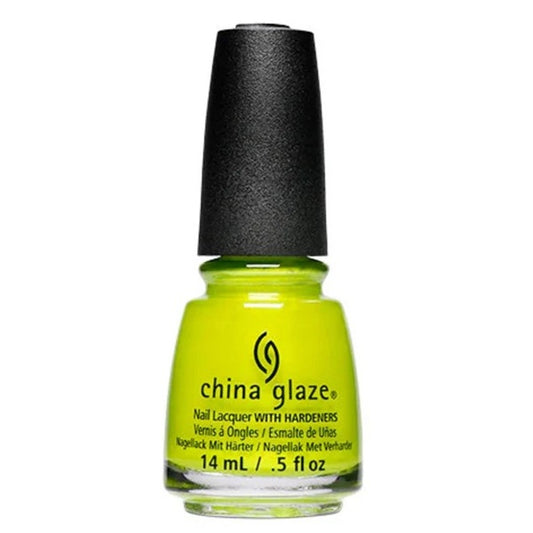 A bottle of China Glaze nail polish in a bright neon yellow-green shade, with a black cap on a white background.
