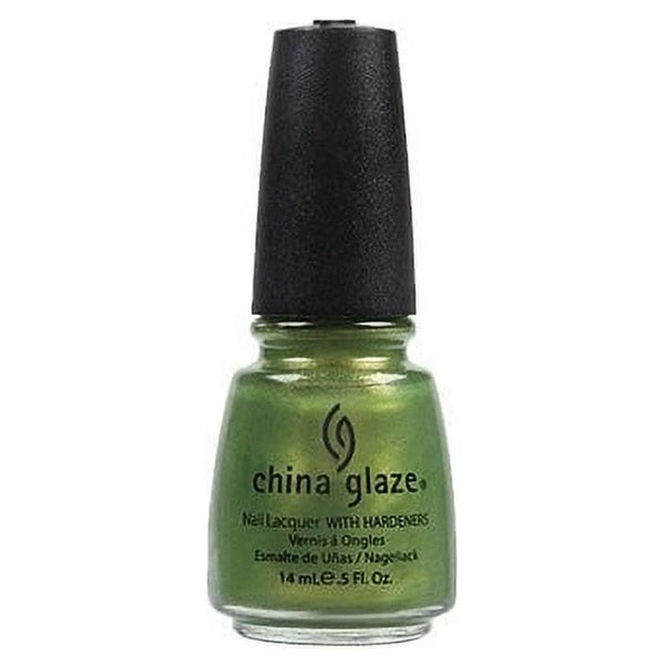 A bottle of China Glaze nail lacquer in a shimmering metallic green shade, with a black cap on a white background.