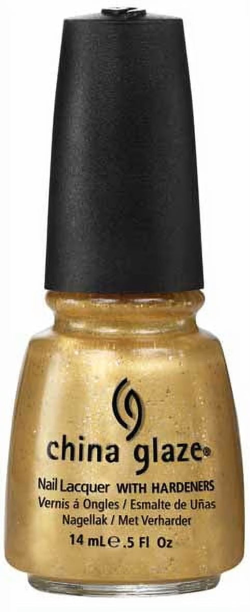 China Glaze mettalic gold shimmer nail polish bottle with black cap.