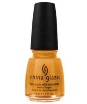 A bottle of China Glaze nail polish in a pumpkin orange shade with a subtle pink micro-shimmer, labeled as 'Nail Lacquer With Hardners'.