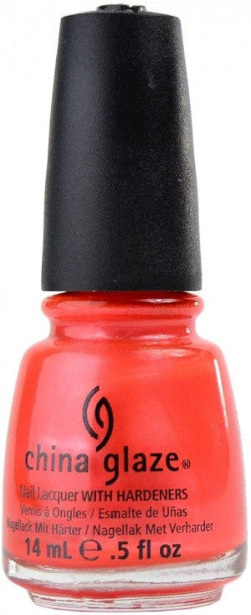 A bottle of China Glaze nail polish in a bright coral orange color with black cap.