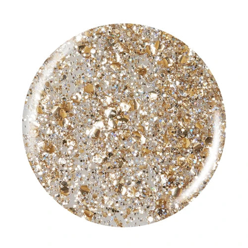 A round close up of gold glitter nail polish swatch.