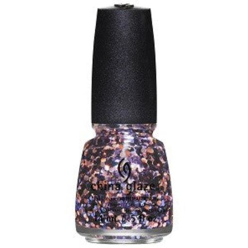 China Glaze multi-colored glitter nail polish bottle with black cap.