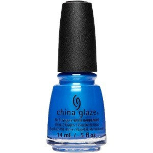 A bottle of China Glaze nail polish in a medium cobalt blue shimmer color with a black cap and white background.