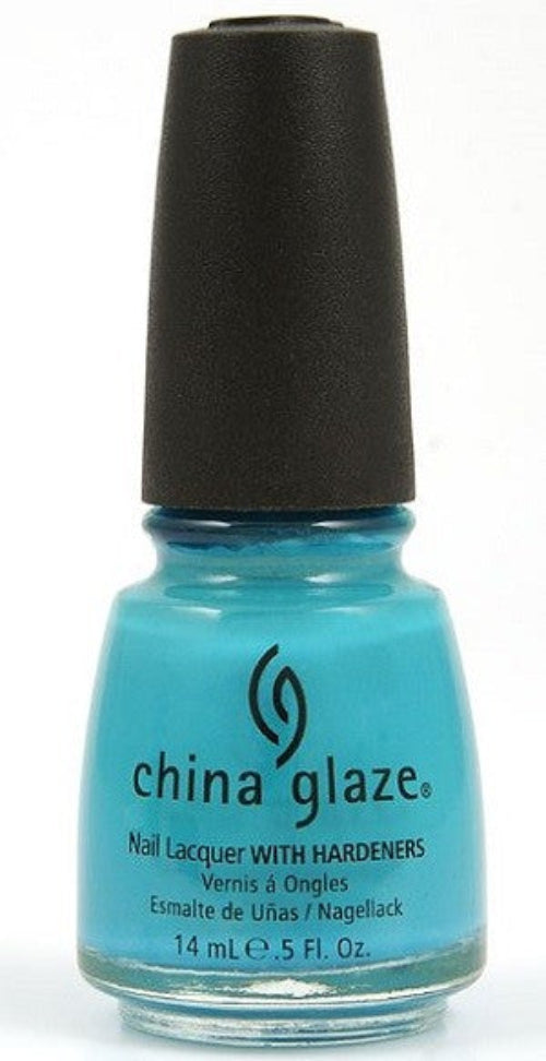 China Glaze teal blue nail polish bottle with black cap on a white background.
