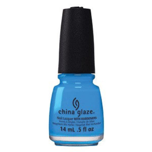 China Glaze bright blue nail polish bottle with black cap on a white background.