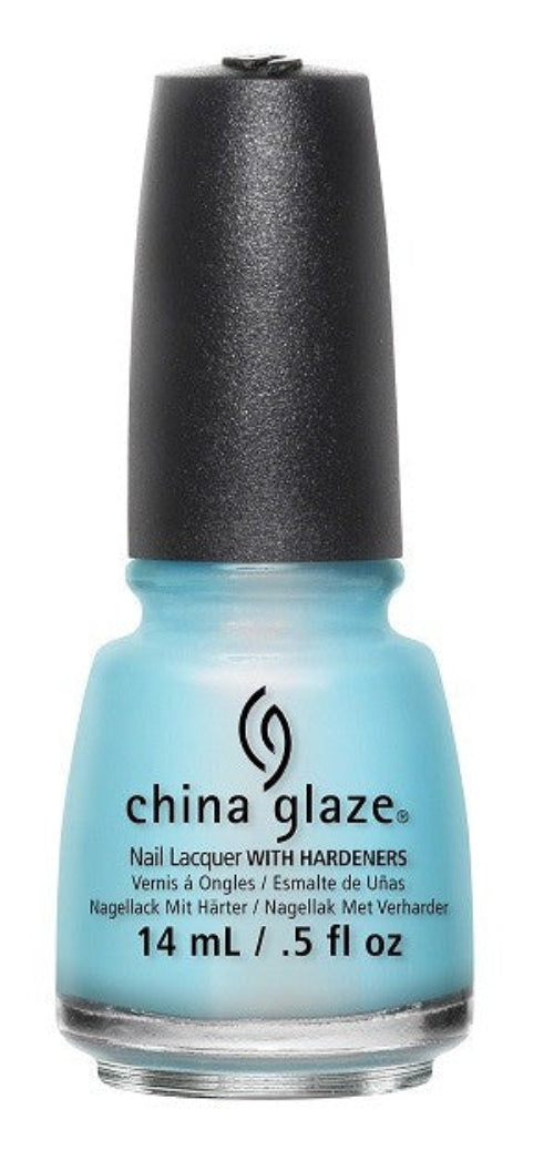 A bottle of China Glaze nail polish in a pale blue color with a black cap on a white background.