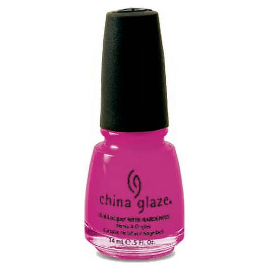 China Glaze berry pink nail polish bottle with black cap on whte background.