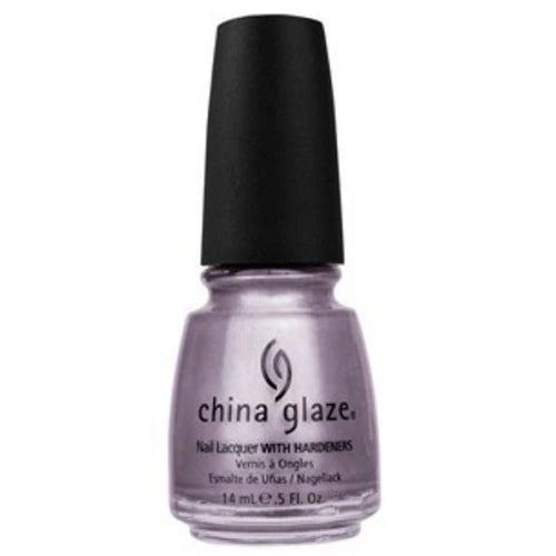 China Glaze metallic lavender silver nail polish bottle with black cap on a white background.
