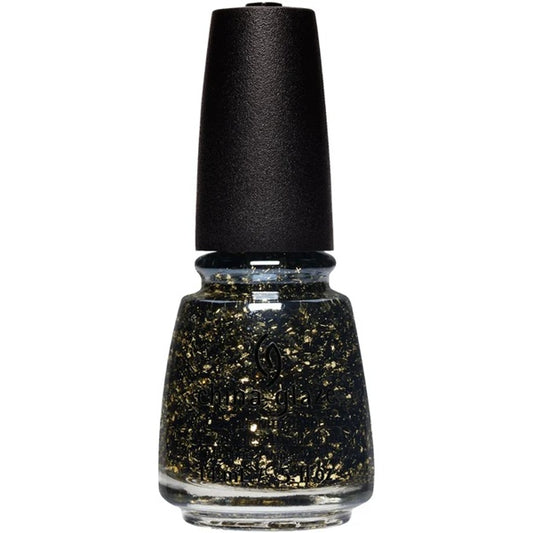 China Glaze nail polish bottle with black and gold glitter in a clear base, with black cap.