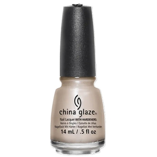 China Glaze light beige nail polish bottle with black cap on a white background.