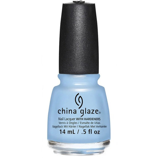 China Glaze light blue nail polish bottle with black cap on a white background.