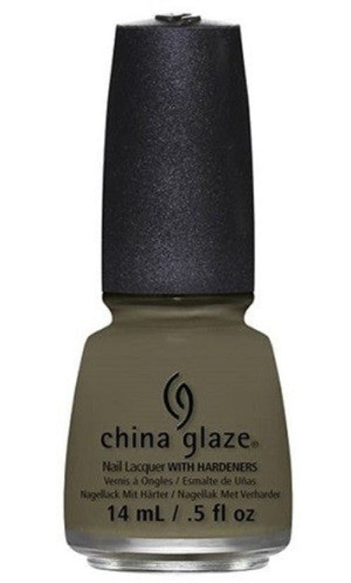 A bottle of China Glaze nail polish in a muted army green creme color with subtle gray undertones, 14 ml/0.50 fl. oz.