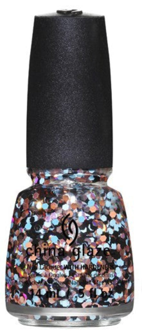 A bottle of China Glaze nail polish with multicolored glitter including large black, pink holographic and turquoise hex glitter, in a clear base.