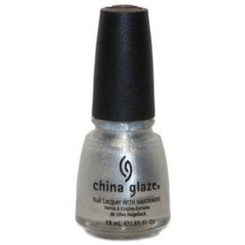 A bottle of China Glaze nail polish in a semi-sheer silvery white shimmer color, labeled Drenched in Diamonds 594.