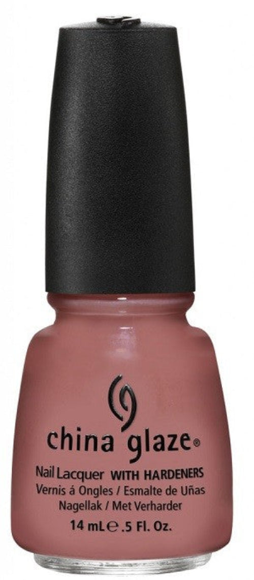 China Glaze muted rose nail polish bottle with black cap.