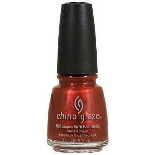 China Glaze warm red shimmer nail polish bottle with black cap.