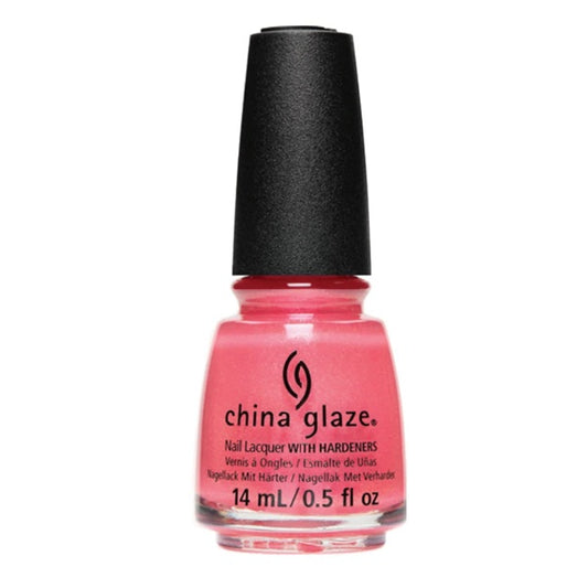 China Glaze coral pink shimmer nail polish bottle with black cap.