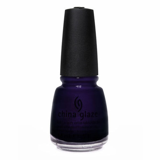 China Glaze deep indigo blue nail polish bottle with black cap on a white background.