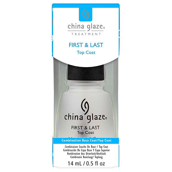 China Glaze First & Last top coat bottle with blue and white packaging on a white background