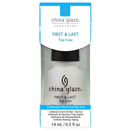 China Glaze First & Last top coat bottle with blue and white packaging on a white background