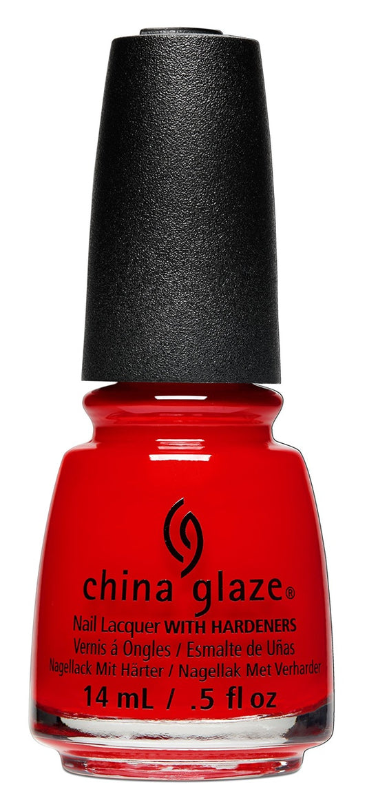 China Glaze bright fiery red nail polish bottle with black cap.