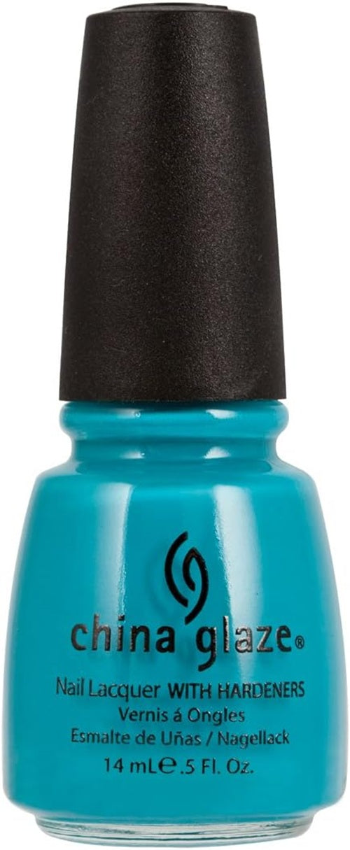 A bottle of China Glaze nail lacquer in a bright turquoise blue shade, with a black cap.