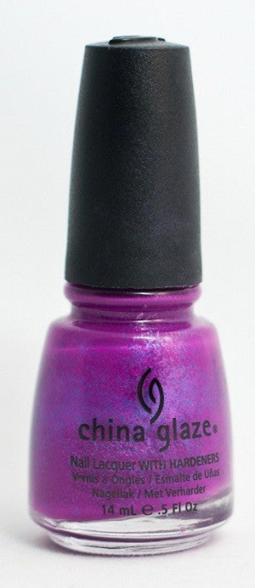A bottle of China Glaze nail polish in a bright neon magenta-toned purple color with subtle blue and violet micro-glitter.
