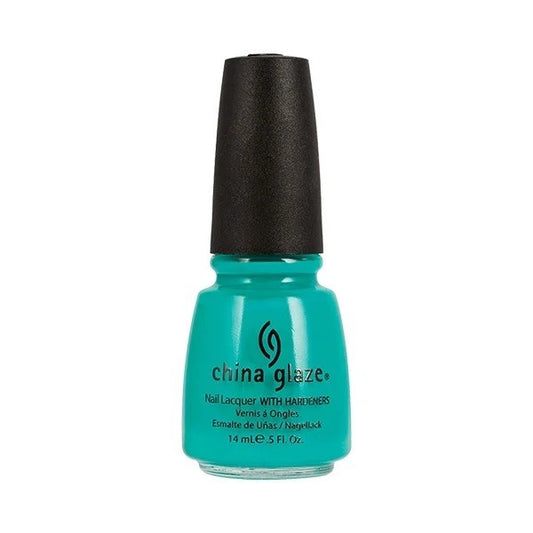 A bottle of China Glaze nail polish in a bright grassy green creme color with subtle blue undertones, labeled as Four Leaf Clover 866.