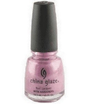 A bottle of China Glaze nail polish in a lilac pink shimmer color with a black cap.