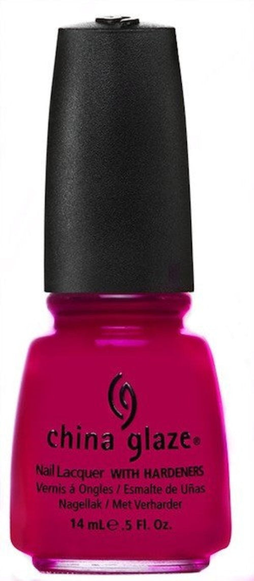A bottle of China Glaze nail polish in a deep fuchsia color, with a black cap and the brand name on the label.