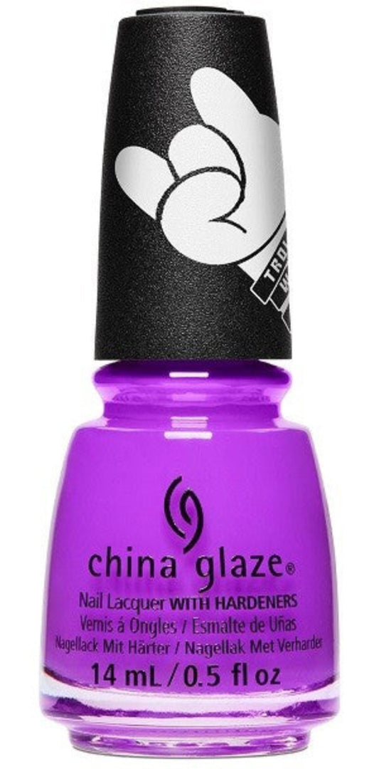 A bottle of China Glaze nail polish in a bright violet purple color, with a black cap and a label that includes the brand name and shade number.