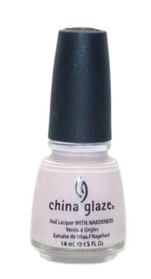 A bottle of China Glaze nail polish with a black cap and a pale lavender-pink lacquer visible through the clear glass bottle.