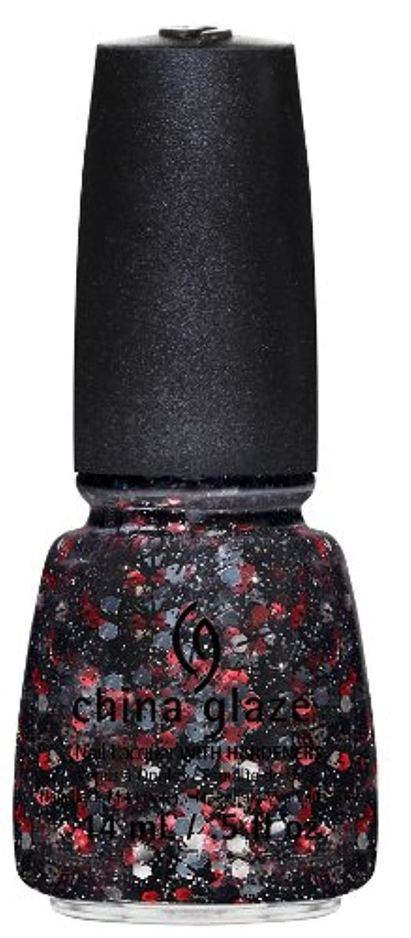 China Glaze nail polish bottle with multi-colored hexagon glitter in a black translucent base, and a black cap.